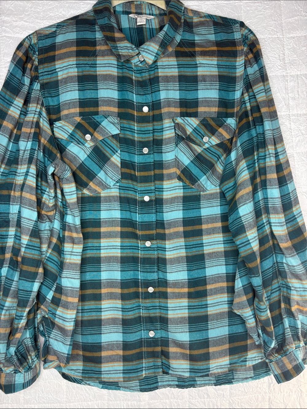 Cato Teal and Brown Plaid Button-Down Shirt